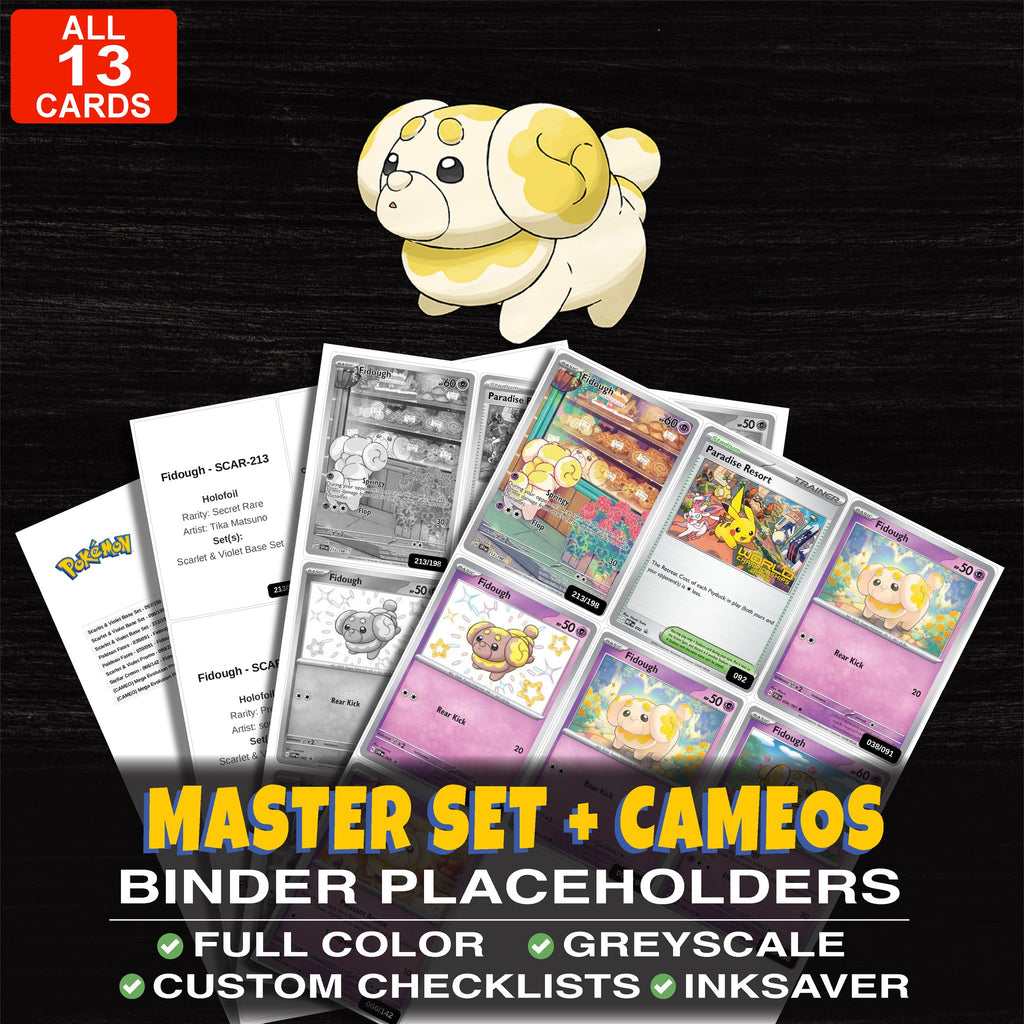 Every Fidough Pokemon card ever made - master set binder placeholders with Fidough