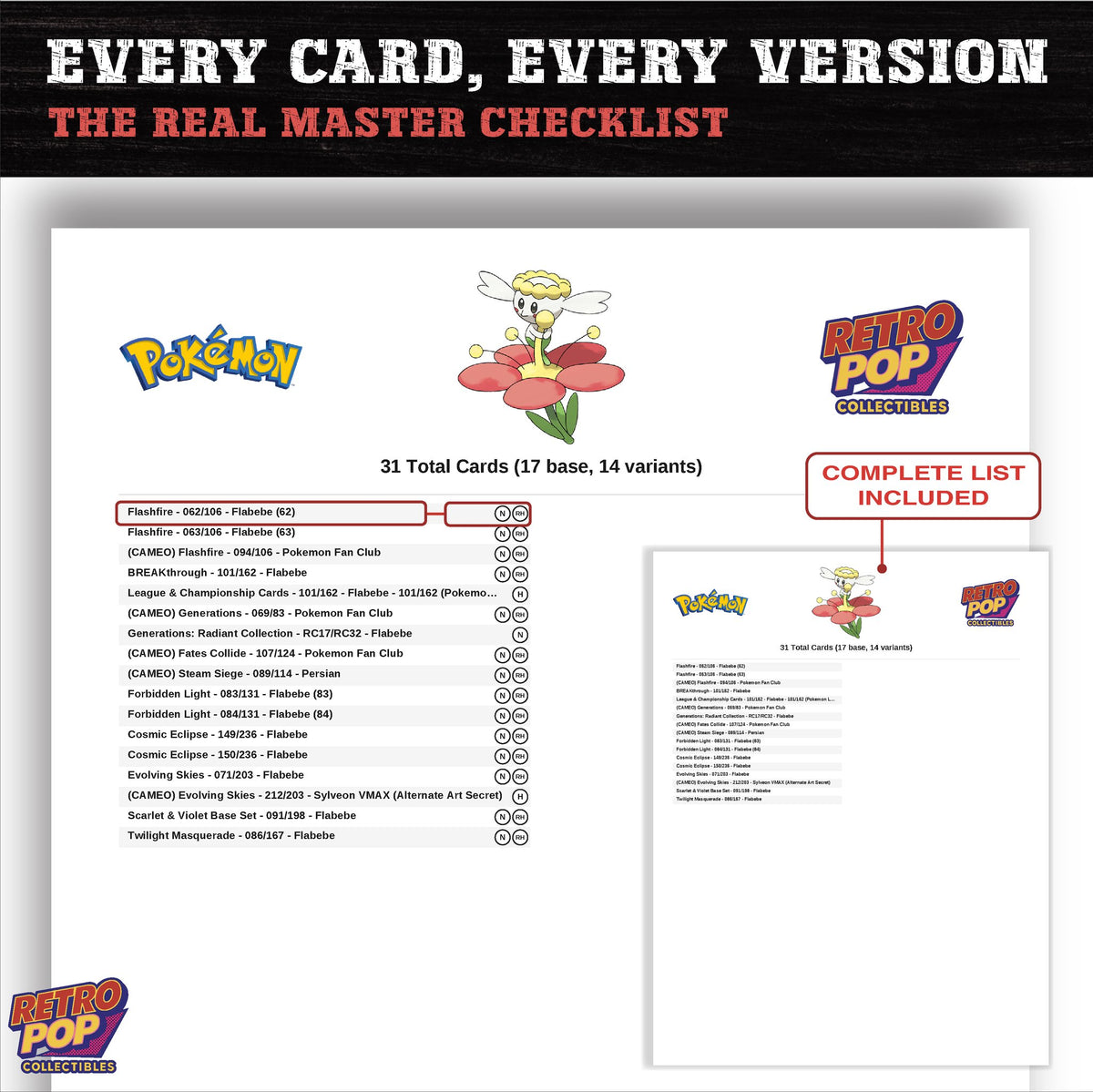 Flabebe master set checklist PDF preview - every card listed