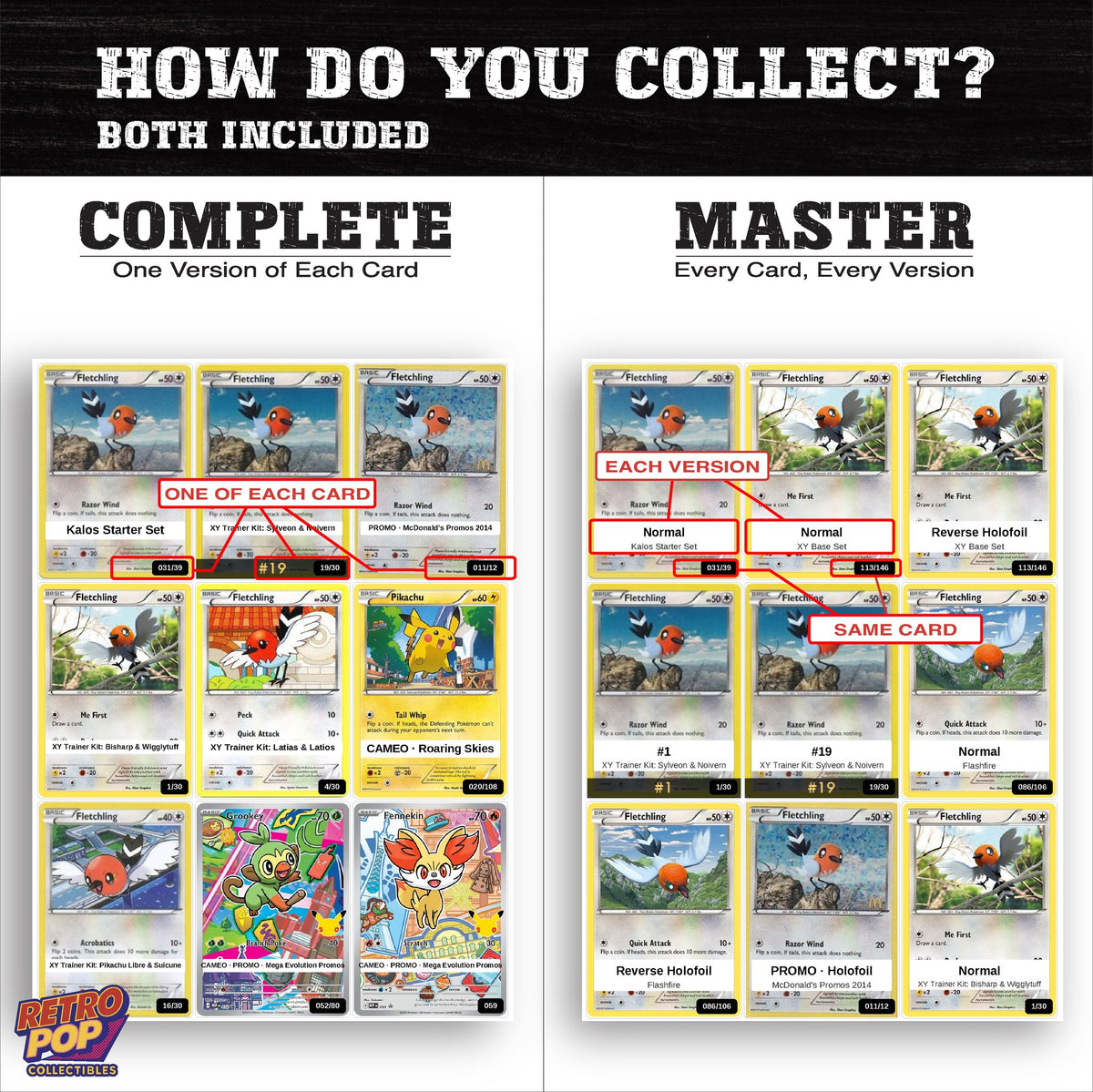 Complete Set vs Master Set versions of the Fletchling binder placeholders