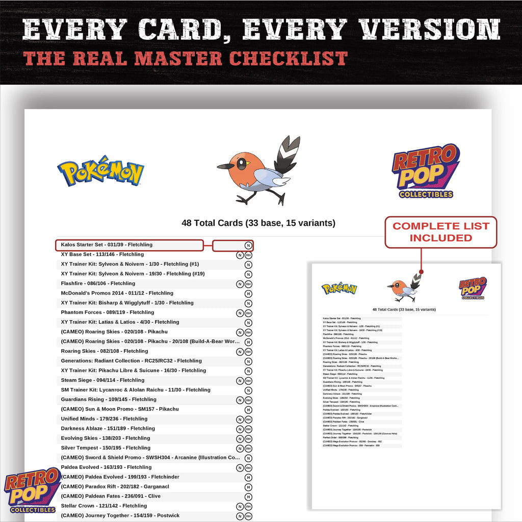 Fletchling master set checklist PDF preview - every card listed