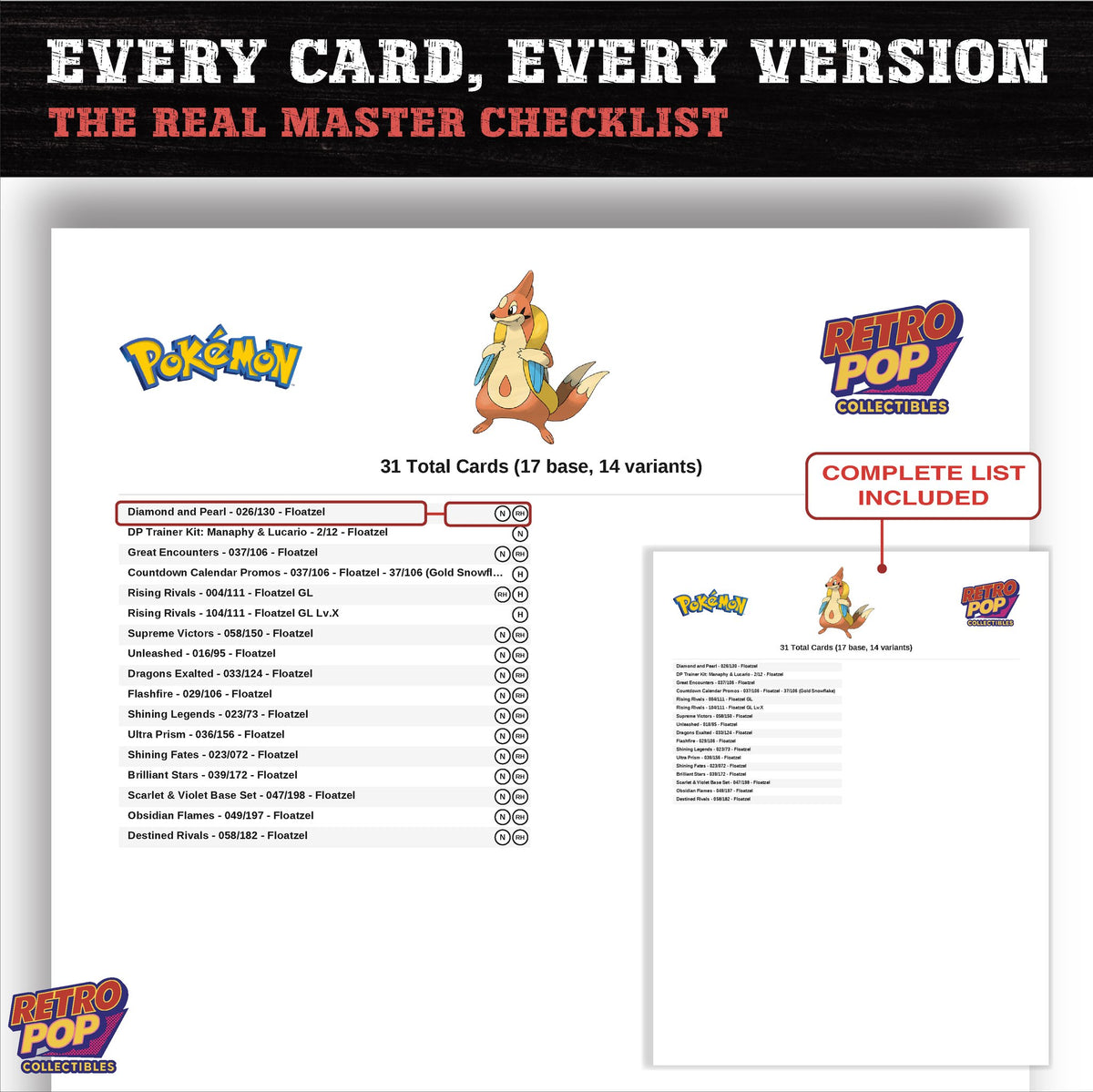 Floatzel master set checklist PDF preview - every card listed