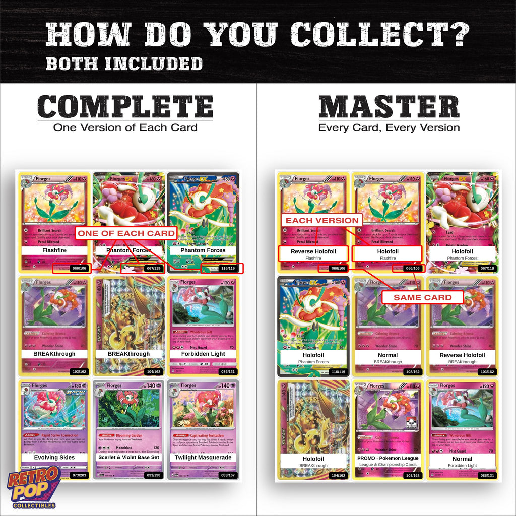 Complete Set vs Master Set versions of the Florges binder placeholders