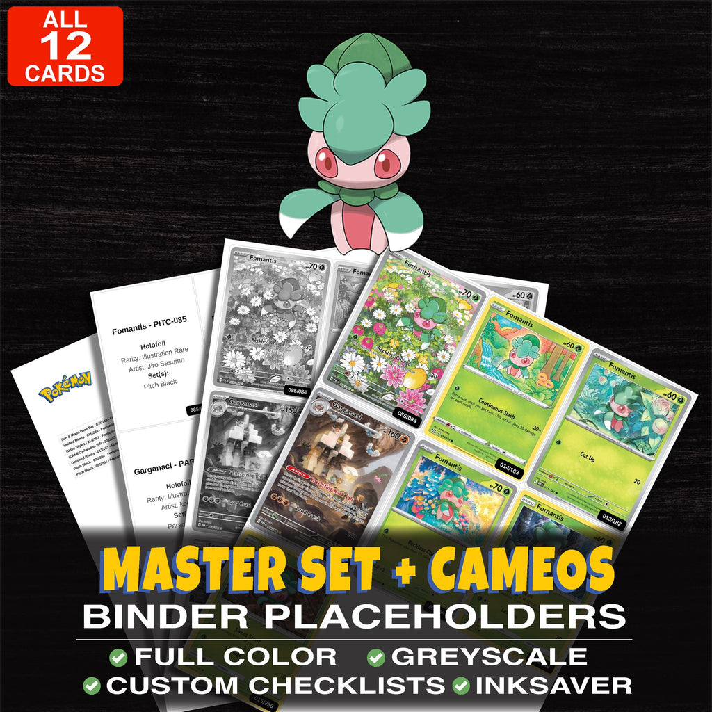 Every Fomantis Pokemon card ever made - master set binder placeholders with Fomantis