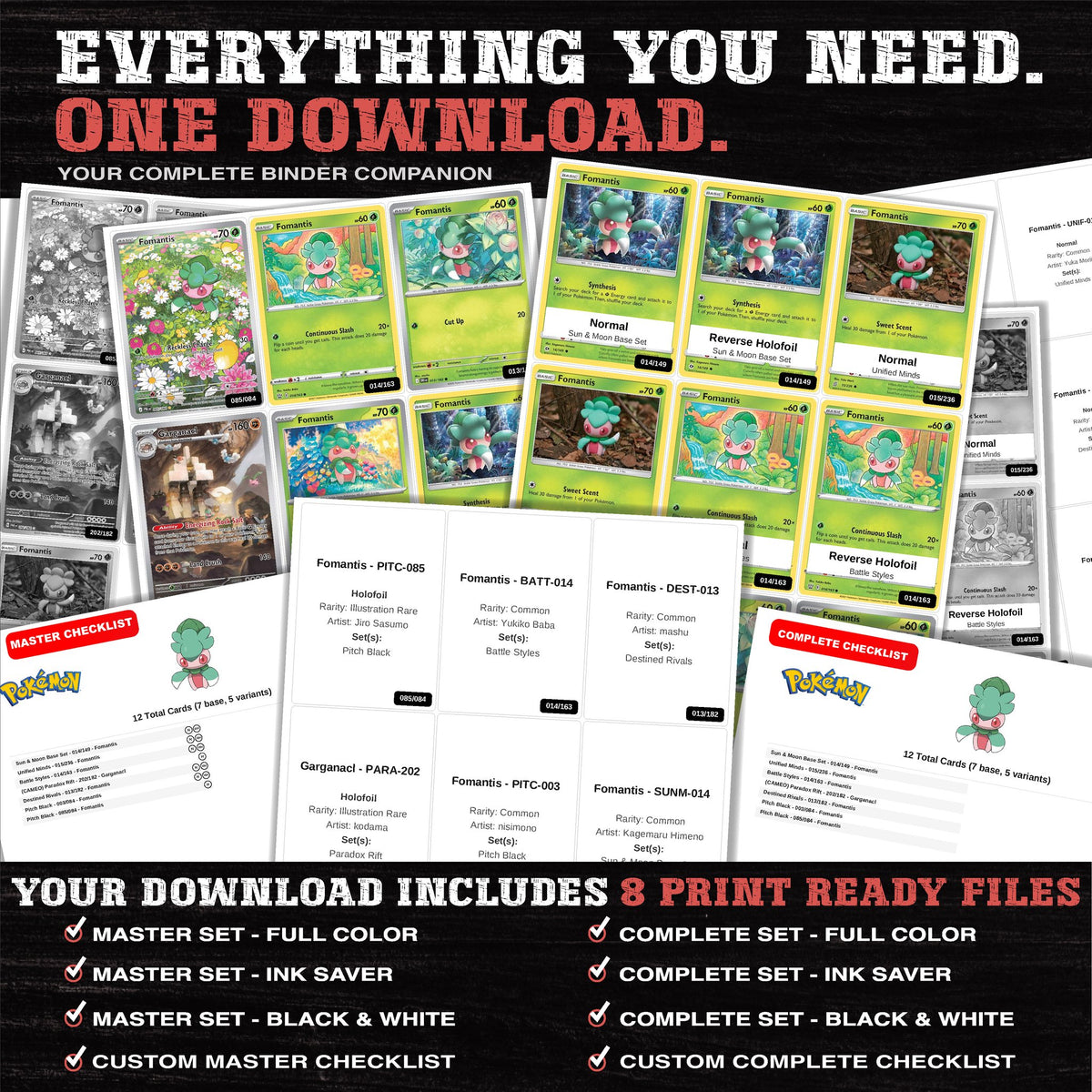 Everything included in the Fomantis master set download - 8 PDF files