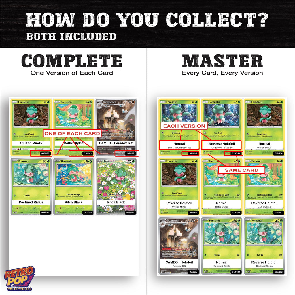 Complete Set vs Master Set versions of the Fomantis binder placeholders