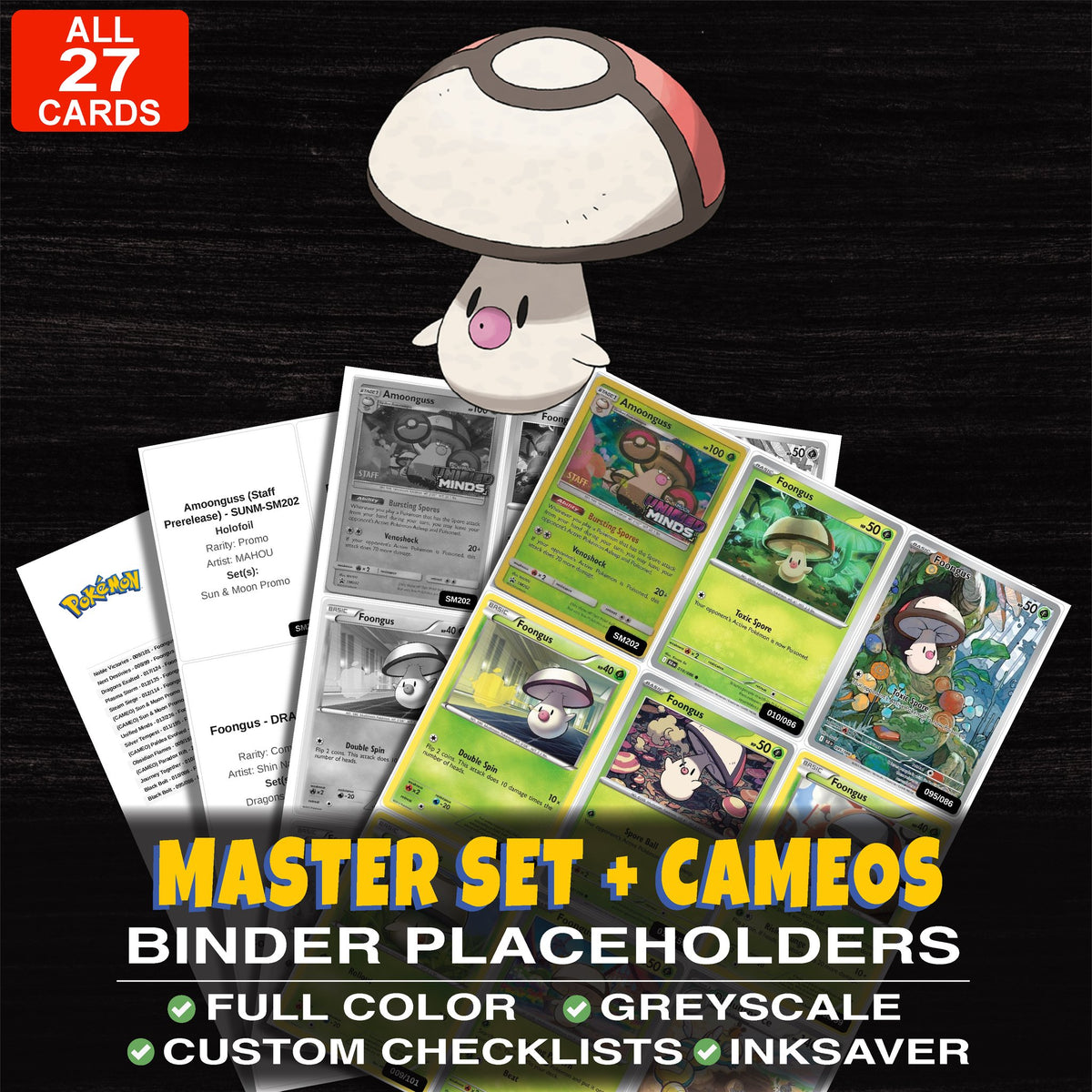 Every Foongus Pokemon card ever made - master set binder placeholders with Foongus