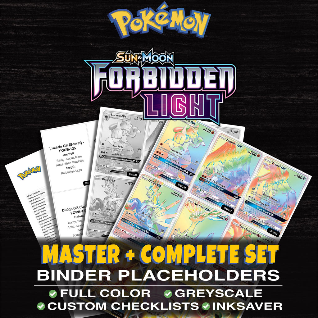 Forbidden Light Pokemon binder placeholders printable PDF - includes Lucario GX (Secret)