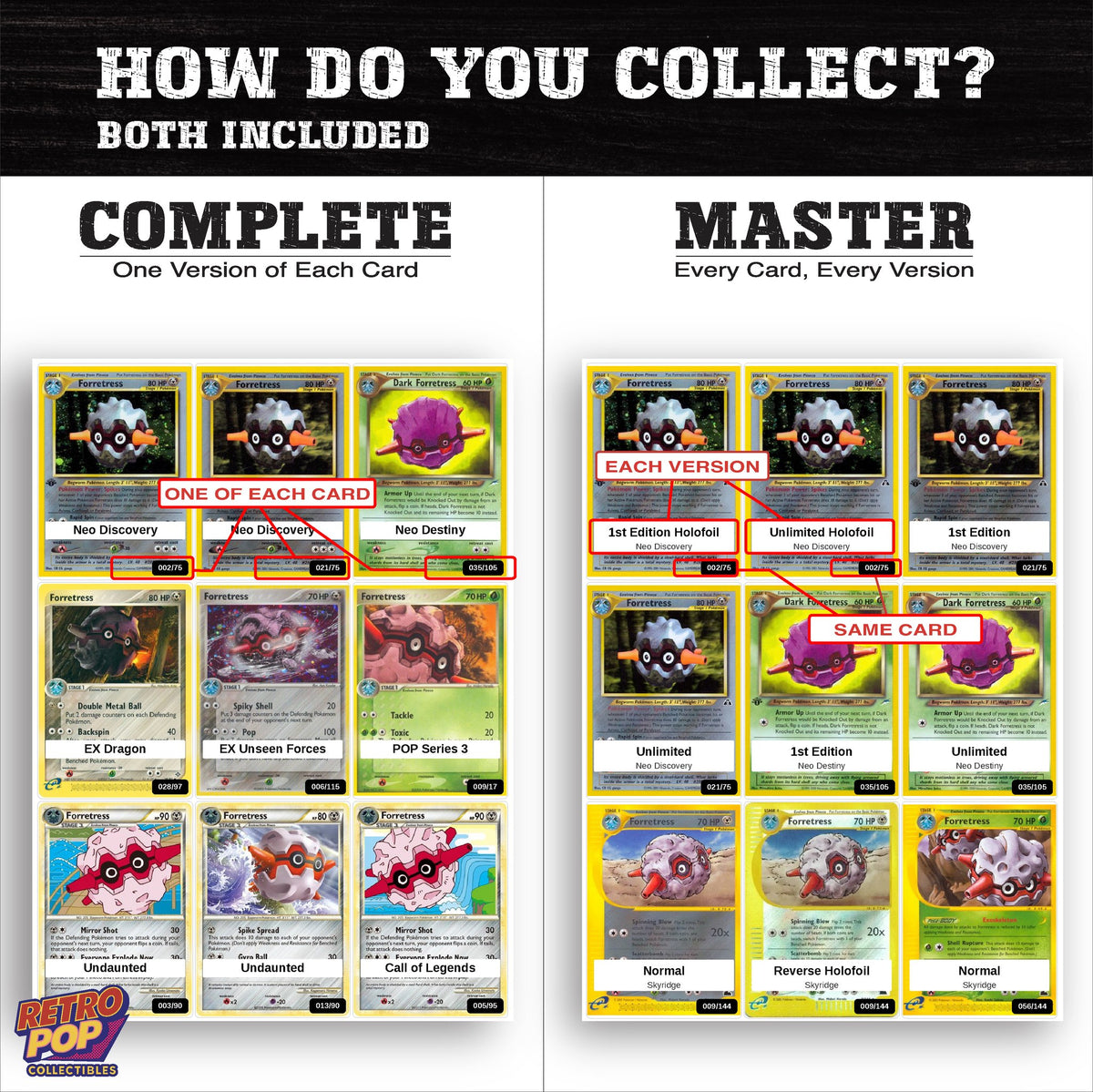 Complete Set vs Master Set versions of the Forretress binder placeholders