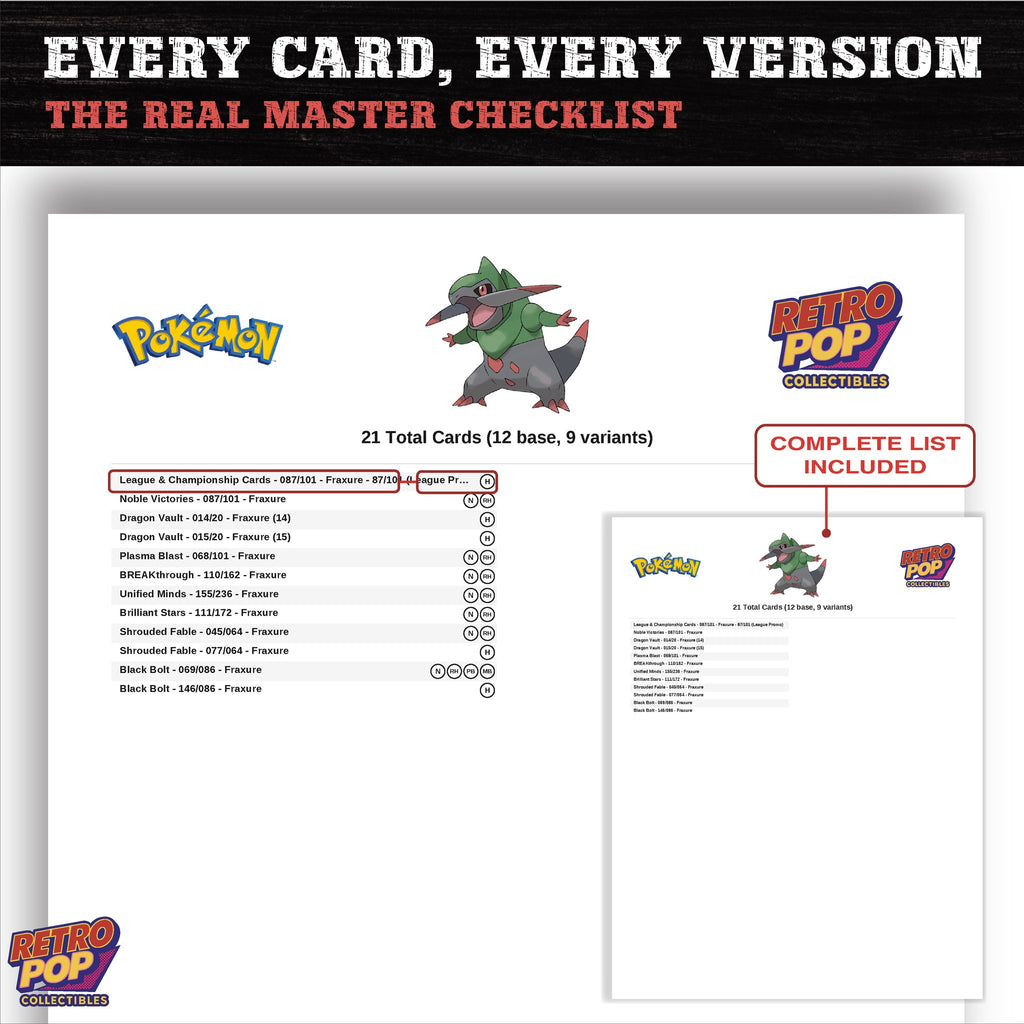 Fraxure master set checklist PDF preview - every card listed