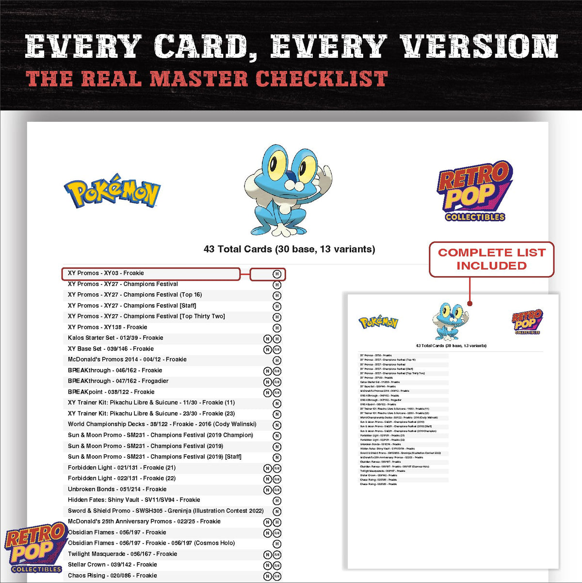 Froakie master set checklist PDF preview - every card listed