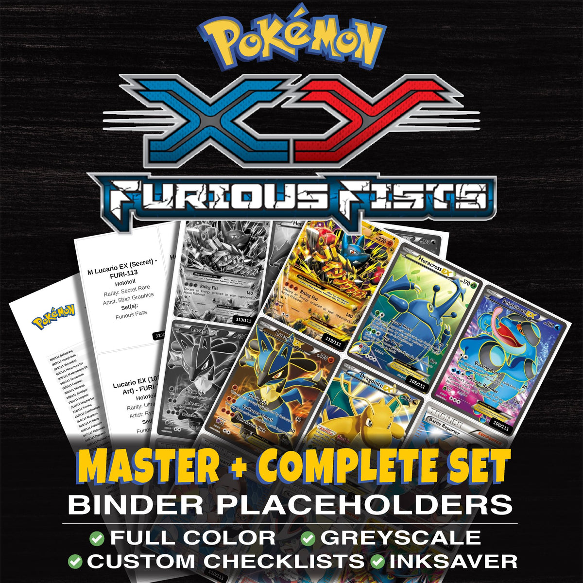 Furious Fists Pokemon binder placeholders printable PDF - includes M Lucario EX (Secret)