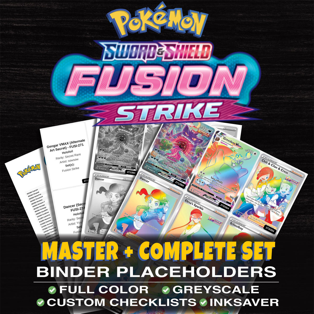Fusion Strike Pokemon binder placeholders printable PDF - includes Gengar VMAX (Alternate Art Secret)