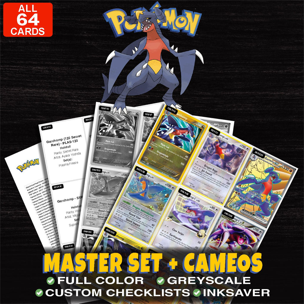 Every Garchomp Pokemon card ever made - master set binder placeholders with Garchomp (120 Secret Rare)
