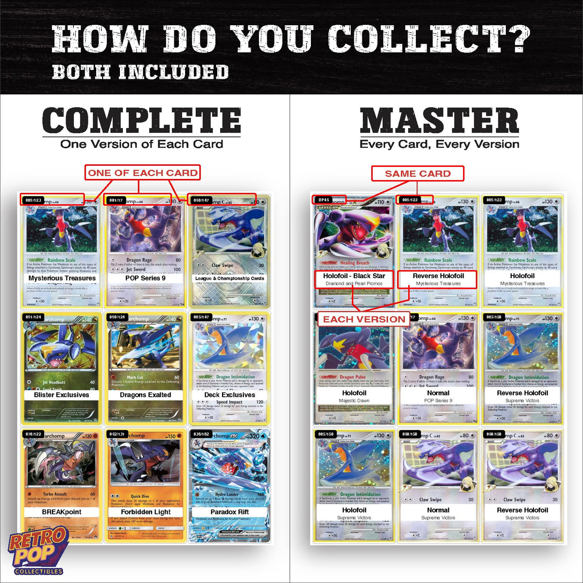 Complete Set vs Master Set versions of the Garchomp binder placeholders