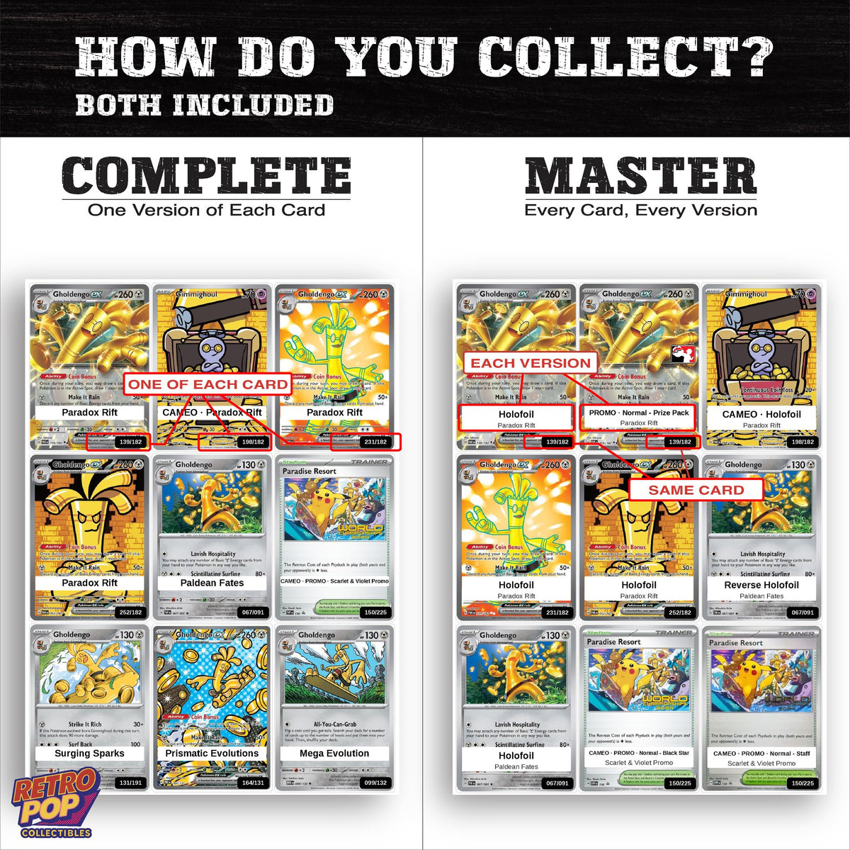 Complete Set vs Master Set versions of the Gholdengo binder placeholders