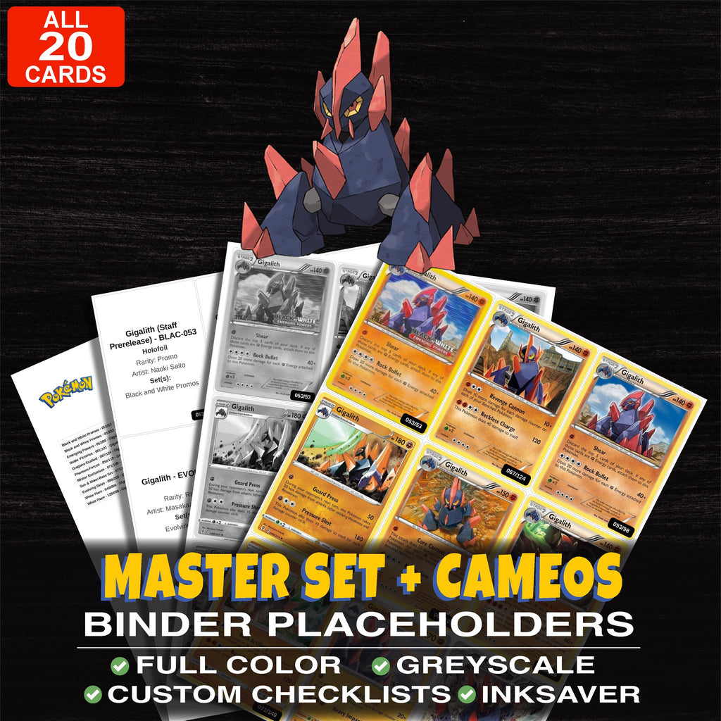 Every Gigalith Pokemon card ever made - master set binder placeholders with Gigalith