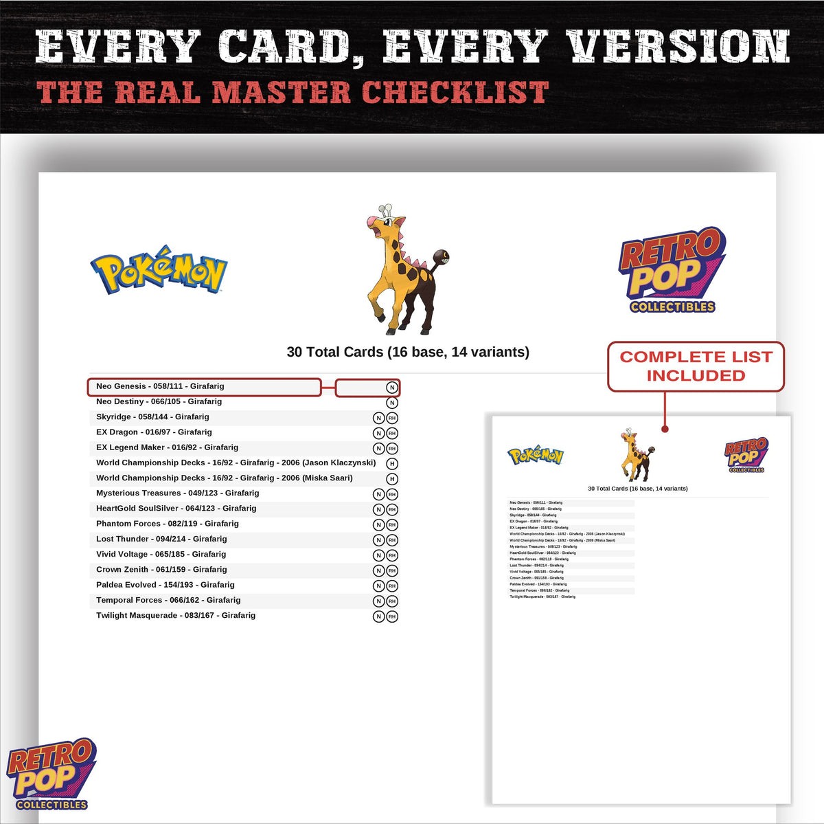 Girafarig master set checklist PDF preview - every card listed