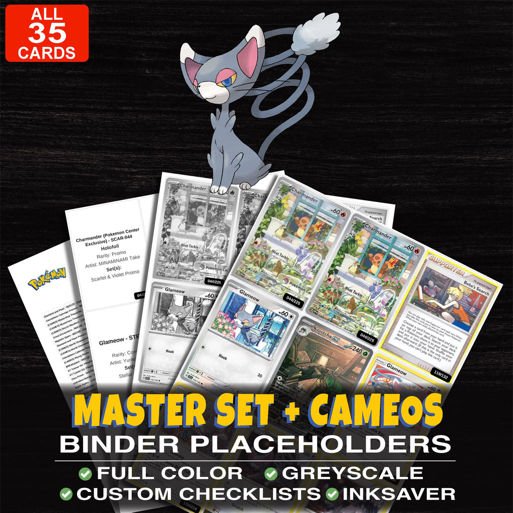 Every Glameow Pokemon card ever made - master set binder placeholders with Glameow