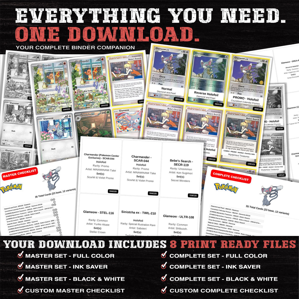 Everything included in the Glameow master set download - 8 PDF files