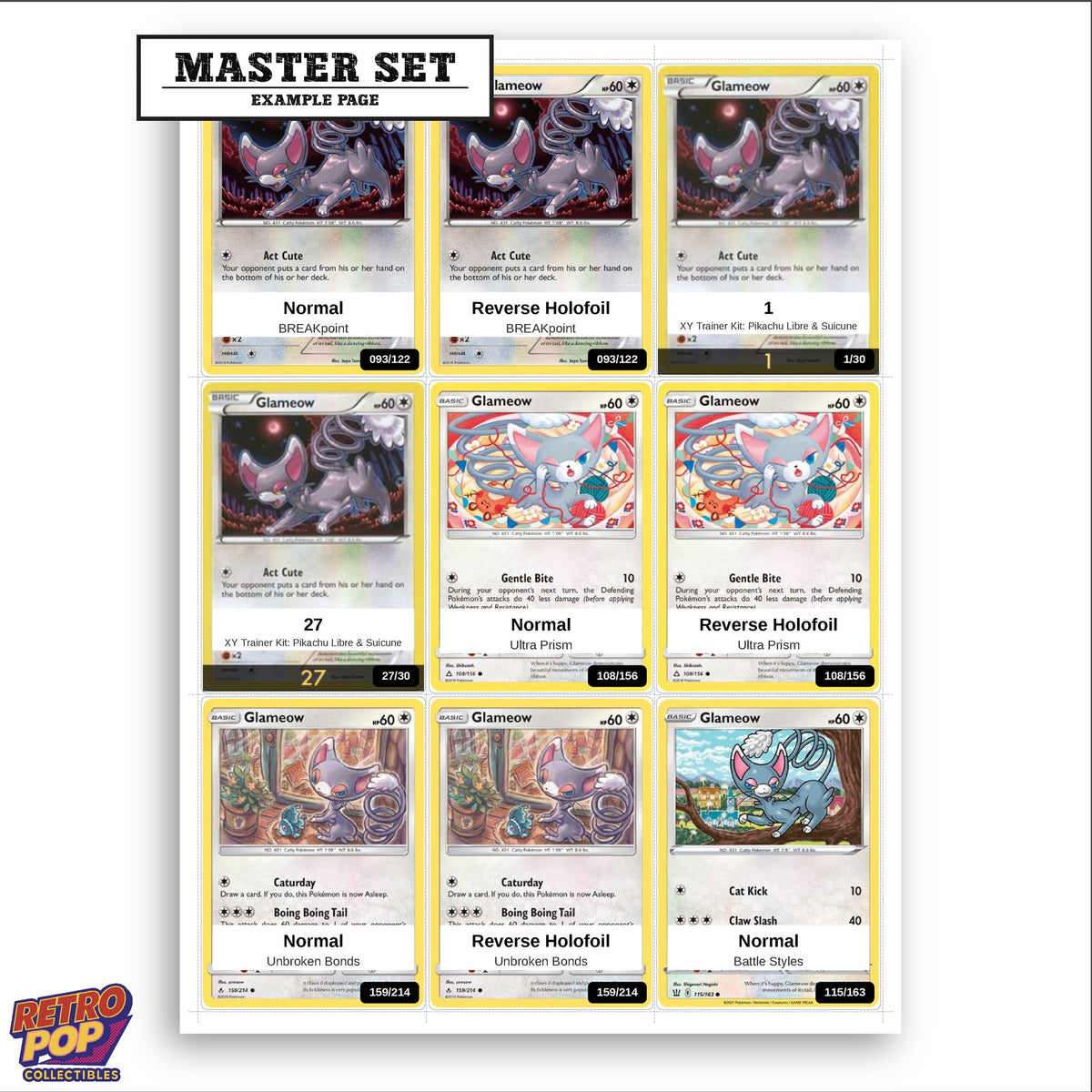Printed Glameow Pokemon placeholders in binder - real photo 3