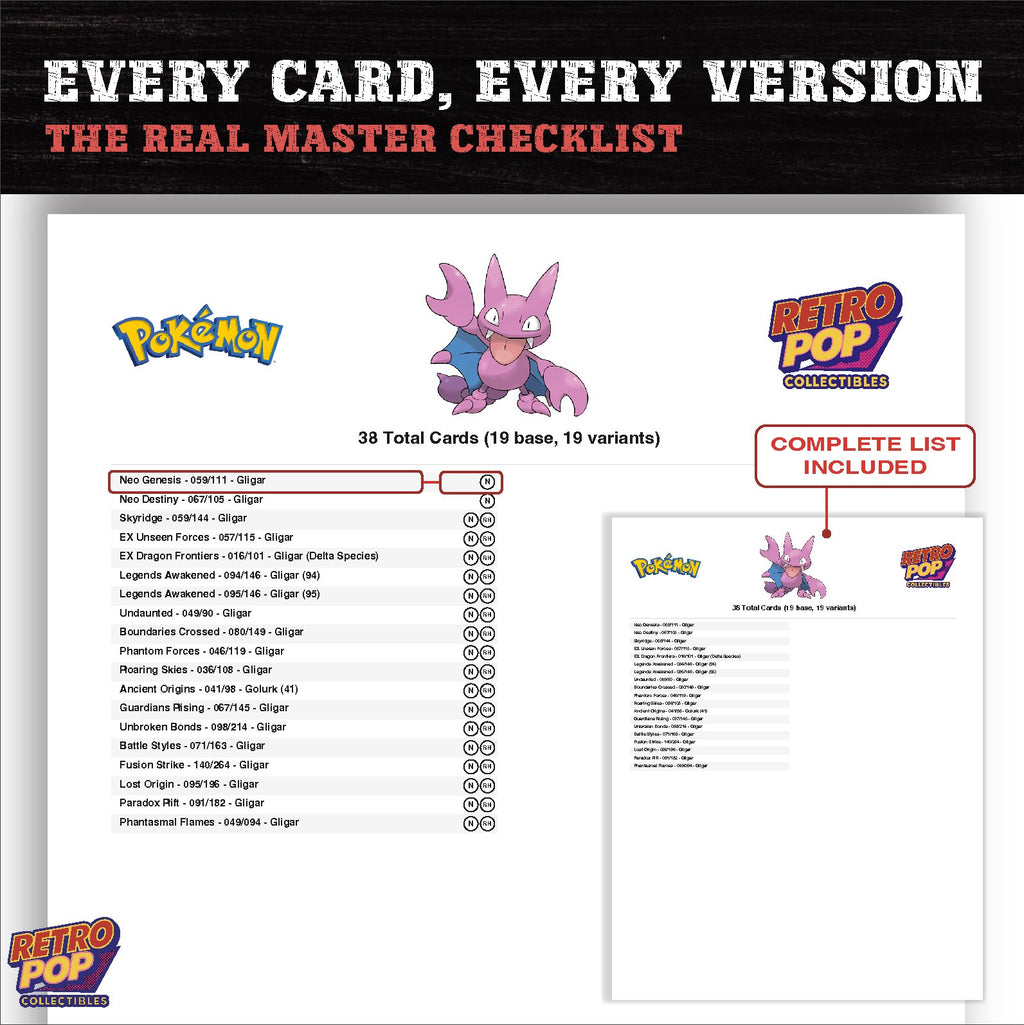 Gligar master set checklist PDF preview - every card listed