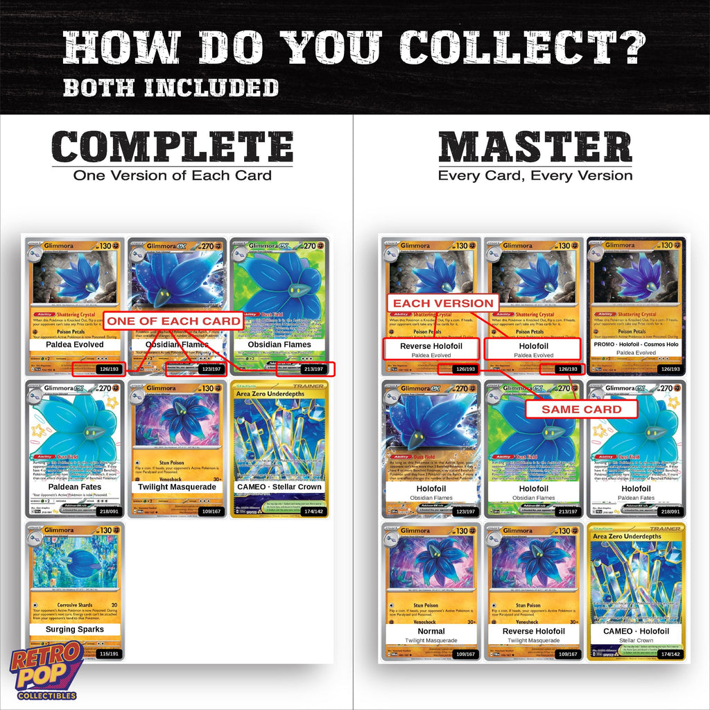 Complete Set vs Master Set versions of the Glimmora binder placeholders