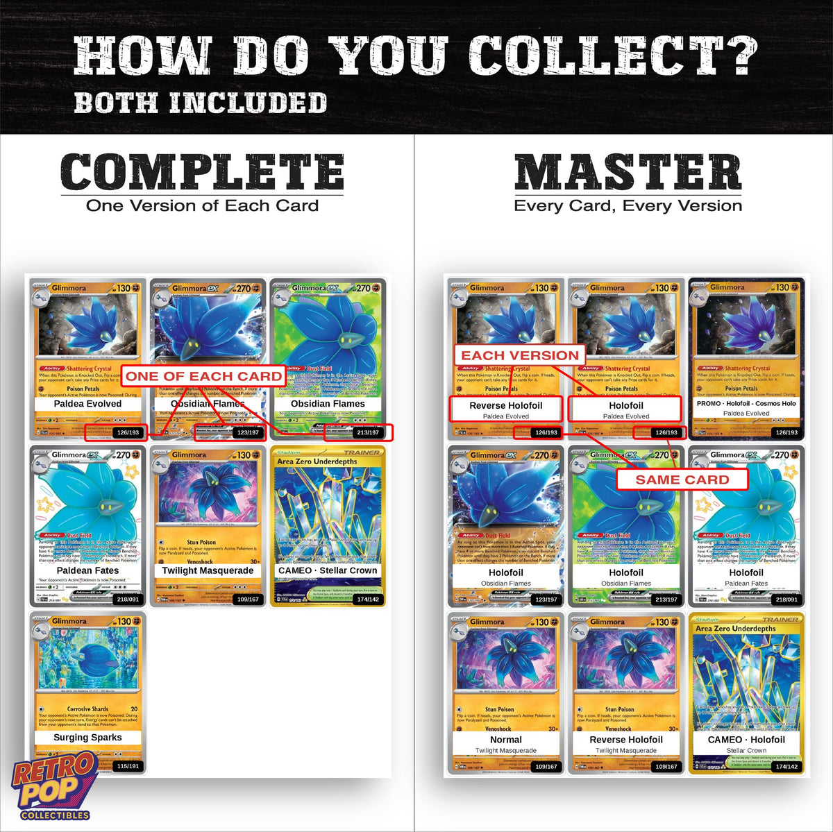 Complete Set vs Master Set versions of the Glimmora binder placeholders