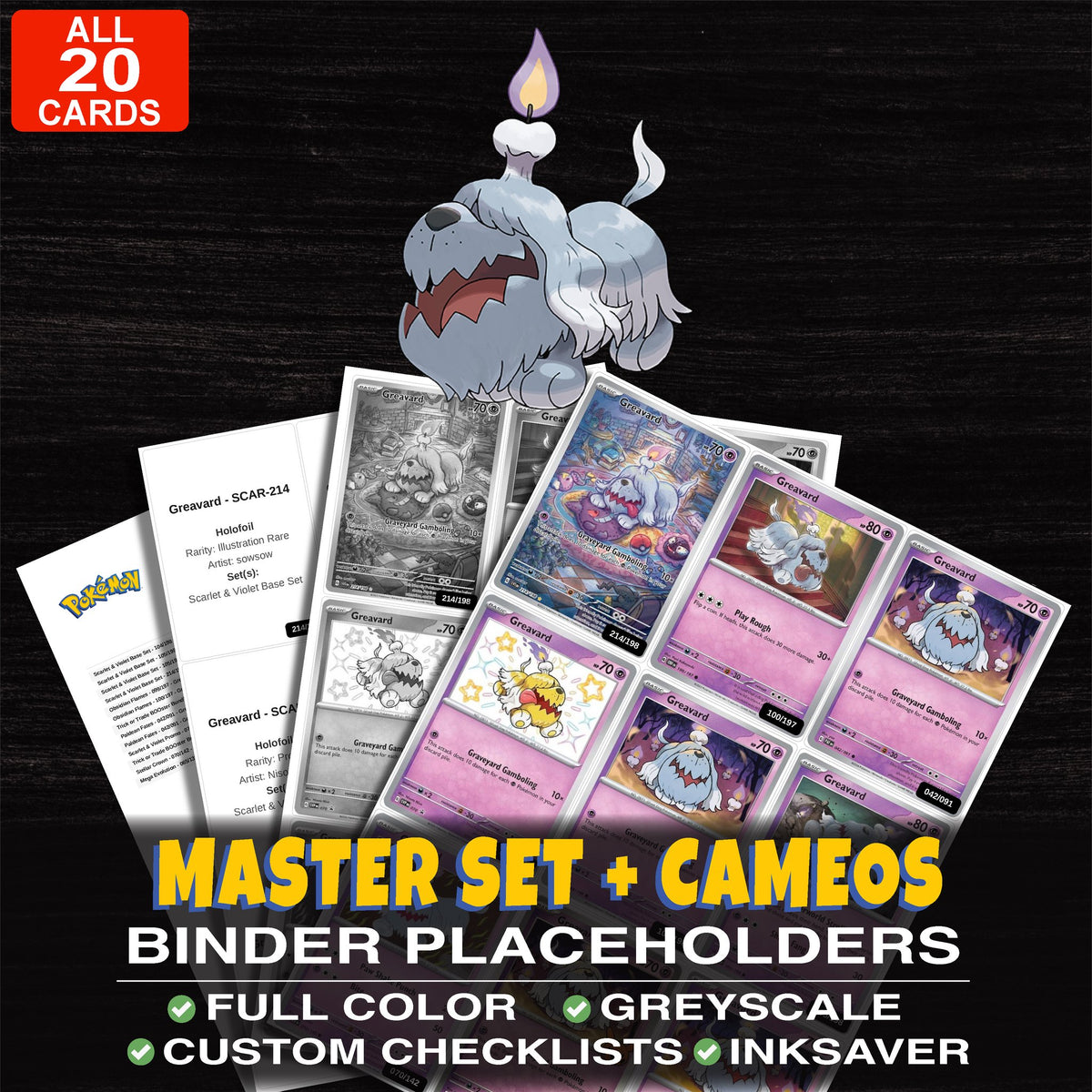 Every Greavard Pokemon card ever made - master set binder placeholders with Greavard