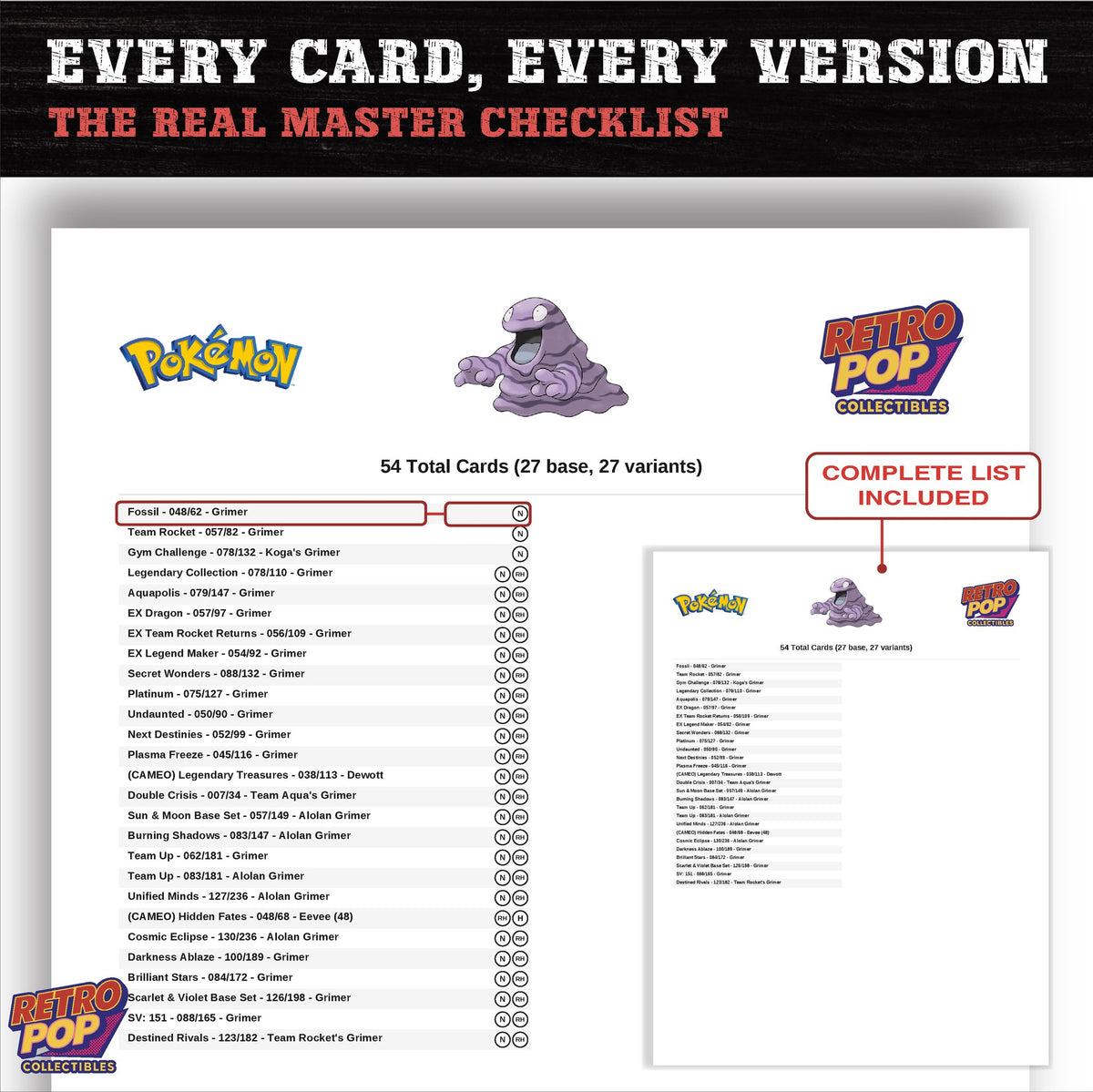 Grimer master set checklist PDF preview - every card listed