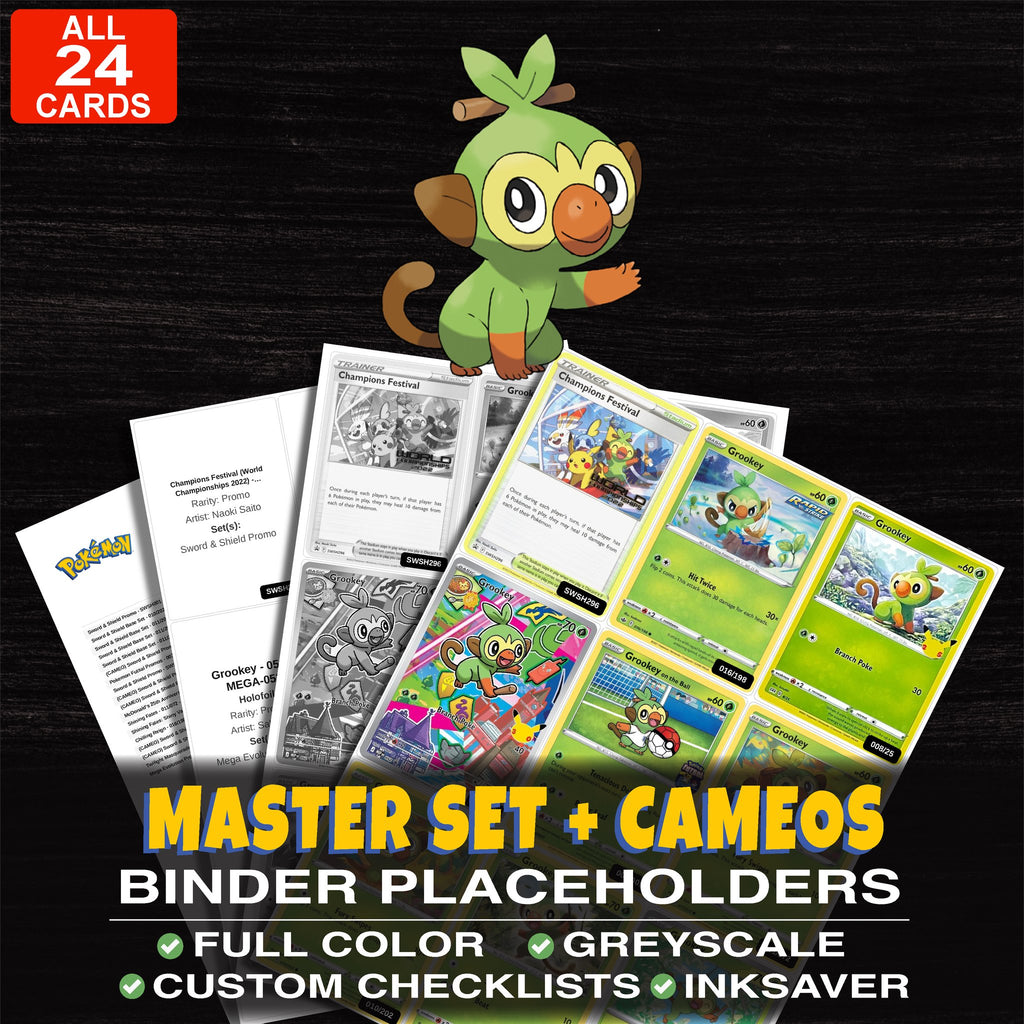 Every Grookey Pokemon card ever made - master set binder placeholders with Grookey