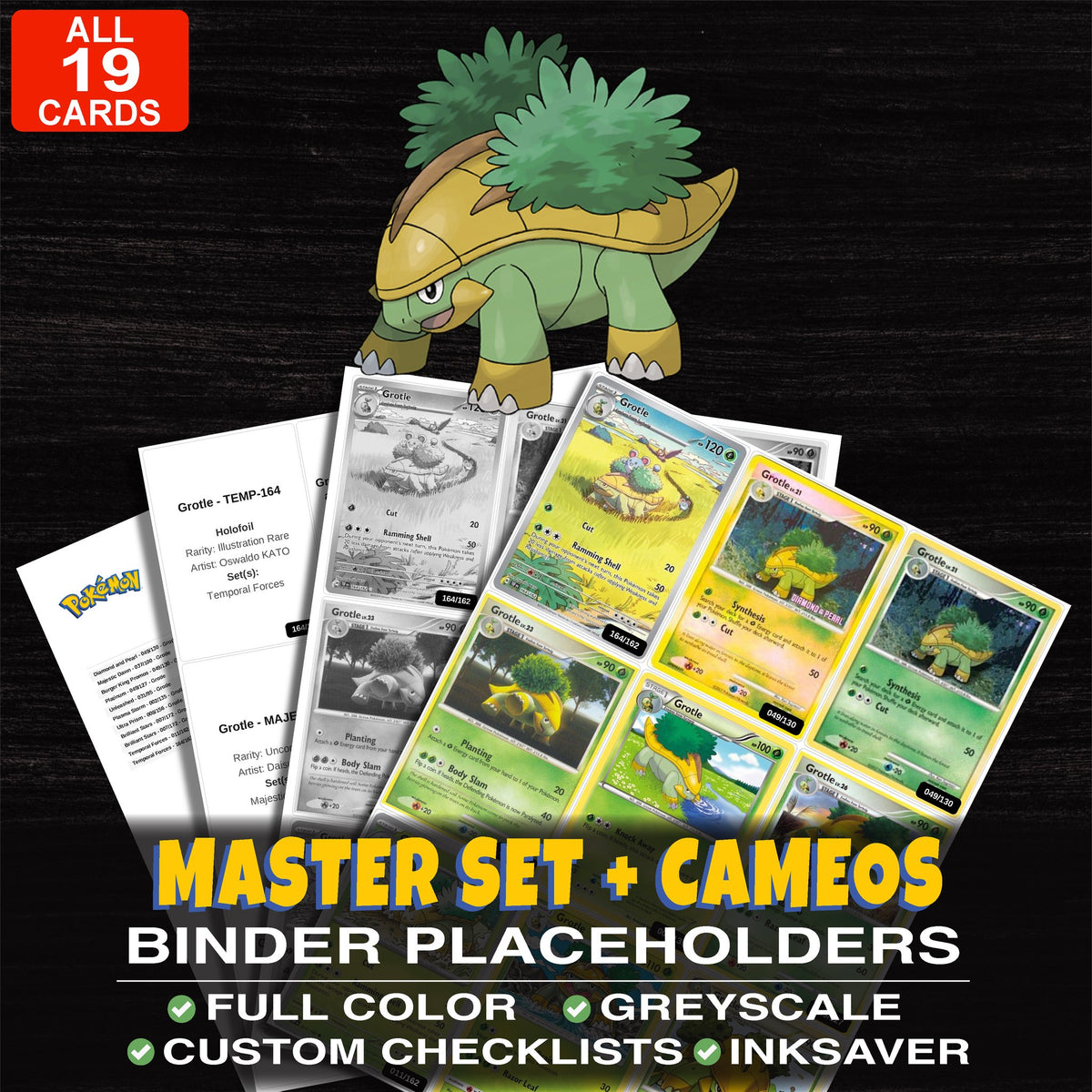 Every Grotle Pokemon card ever made - master set binder placeholders with Grotle