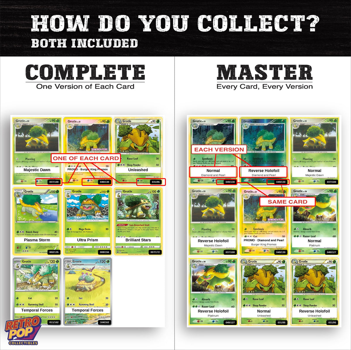 Complete Set vs Master Set versions of the Grotle binder placeholders