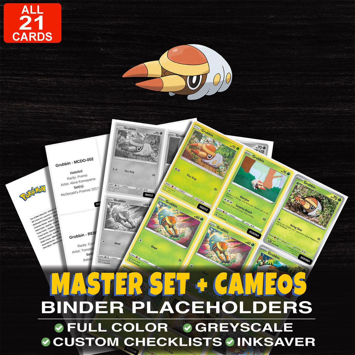 Every Grubbin Pokemon card ever made - master set binder placeholders with Grubbin