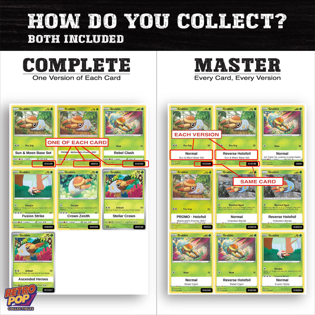Complete Set vs Master Set versions of the Grubbin binder placeholders