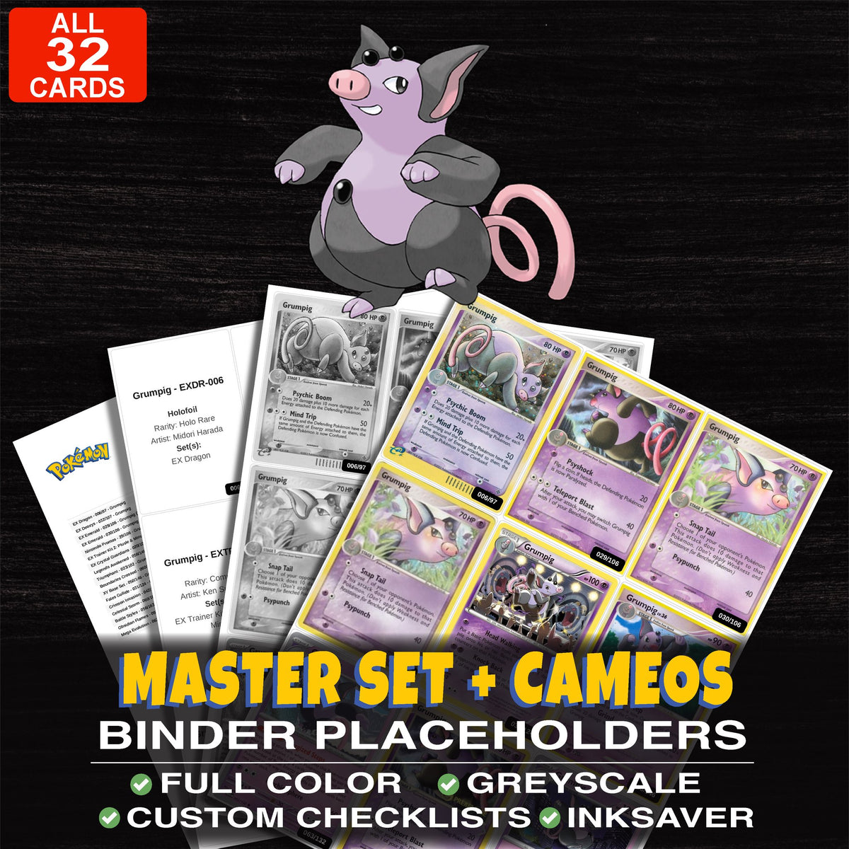 Every Grumpig Pokemon card ever made - master set binder placeholders with Grumpig