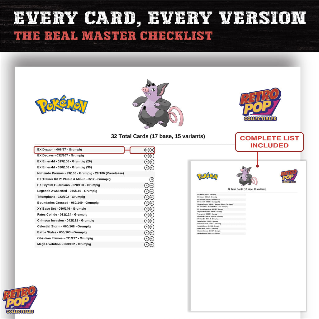 Grumpig master set checklist PDF preview - every card listed