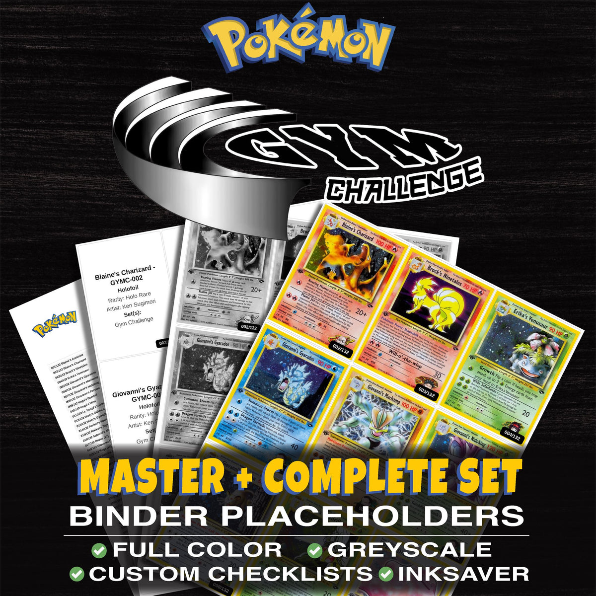 Gym Challenge Pokemon binder placeholders printable PDF - includes Blaine's Charizard