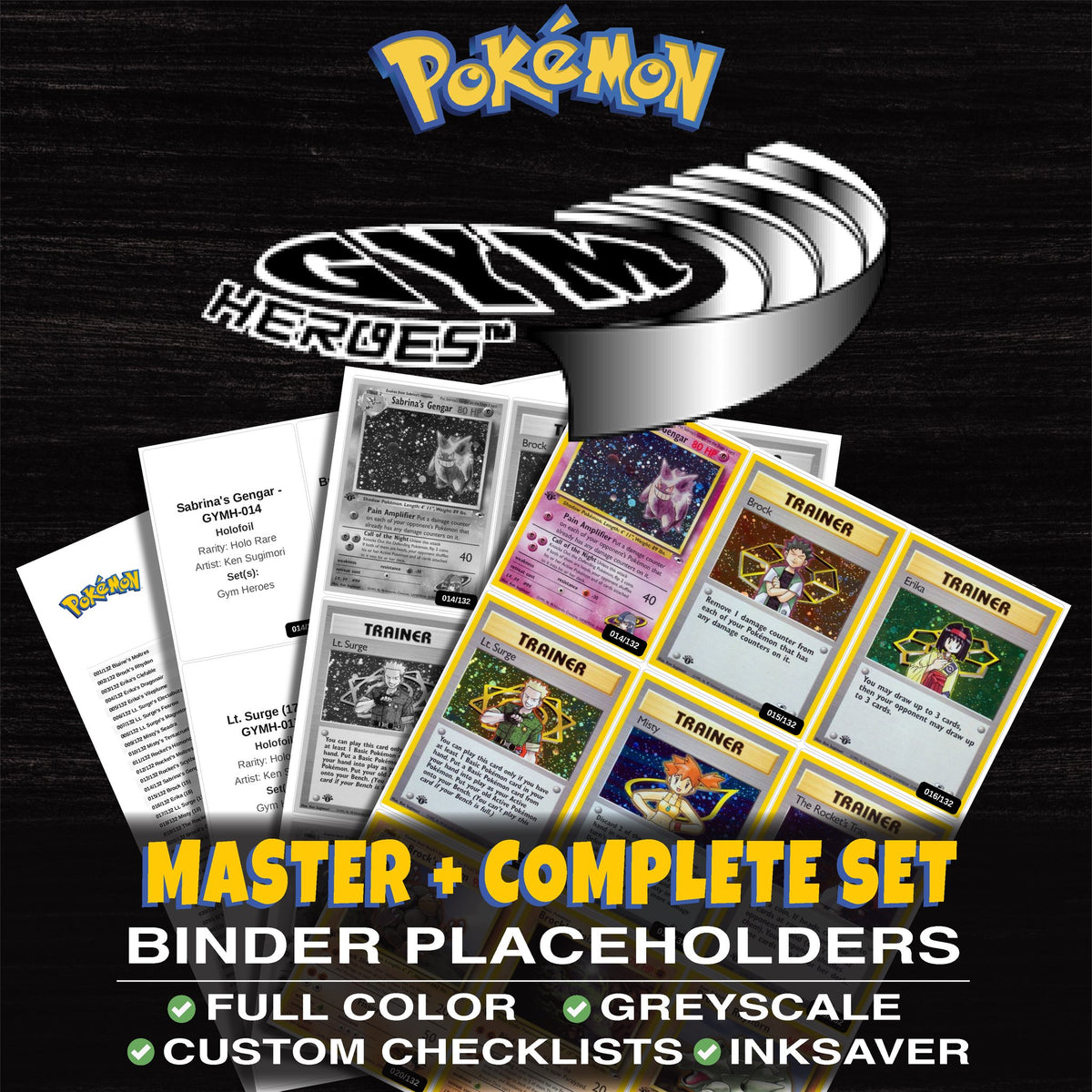 Gym Heroes Pokemon binder placeholders printable PDF - includes Sabrina's Gengar