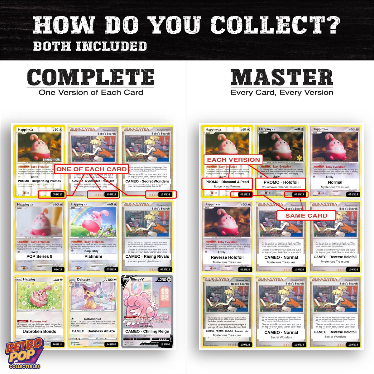 Complete Set vs Master Set versions of the Happiny binder placeholders