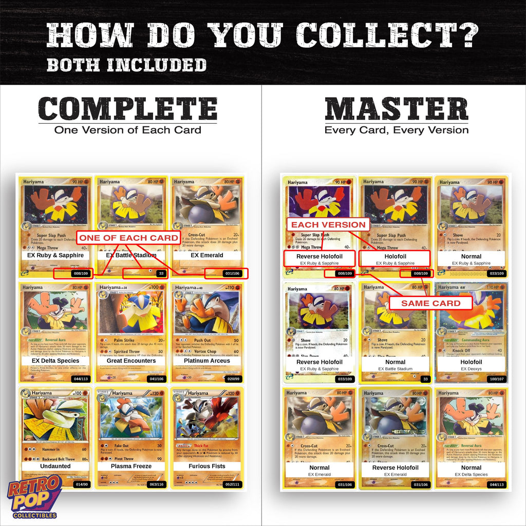 Complete Set vs Master Set versions of the Hariyama binder placeholders