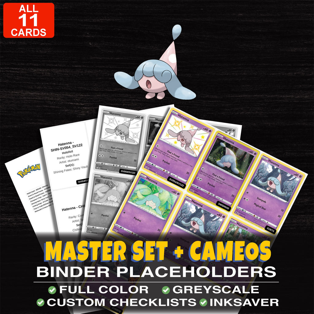 Every Hatenna Pokemon card ever made - master set binder placeholders with Hatenna