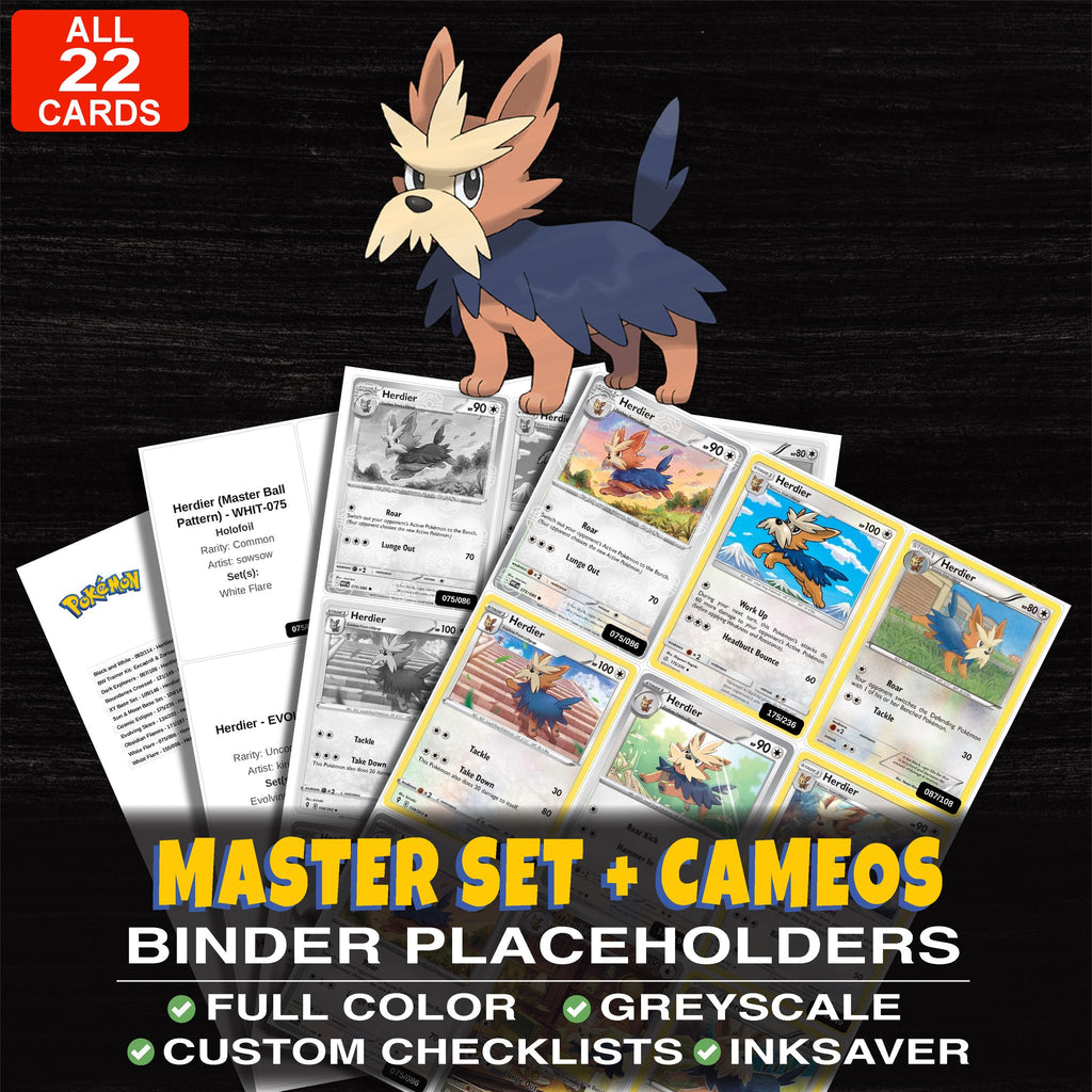 Every Herdier Pokemon card ever made - master set binder placeholders with Herdier