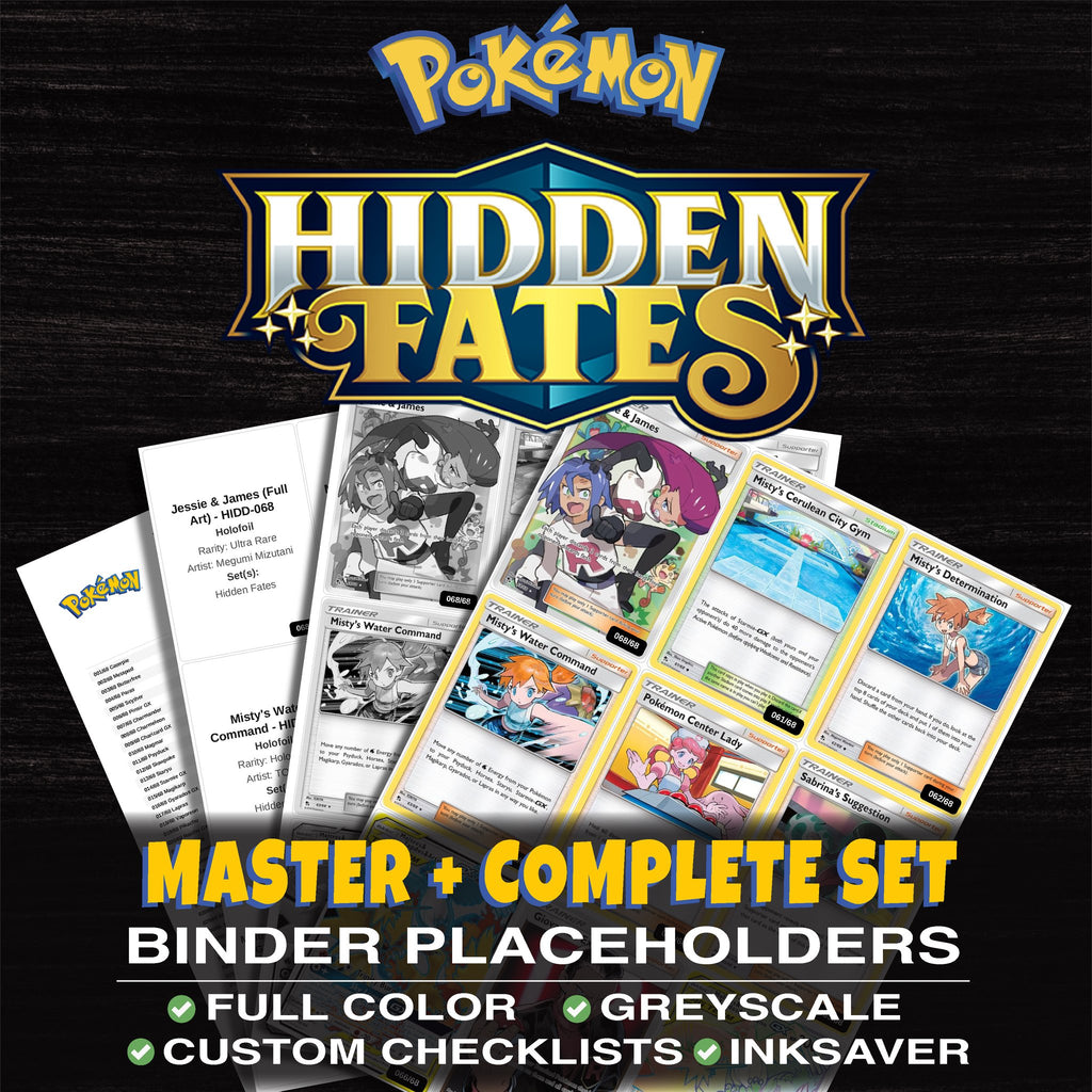 Hidden Fates Pokemon binder placeholders printable PDF - includes Jessie & James (Full Art)