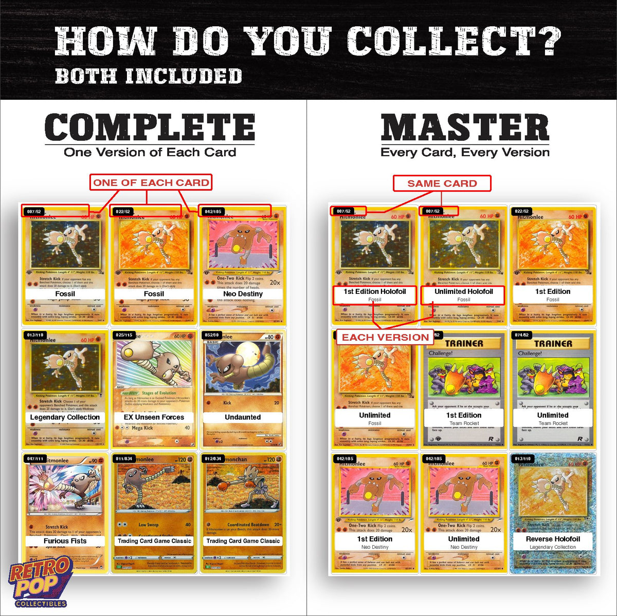 Complete Set vs Master Set versions of the Hitmonlee binder placeholders