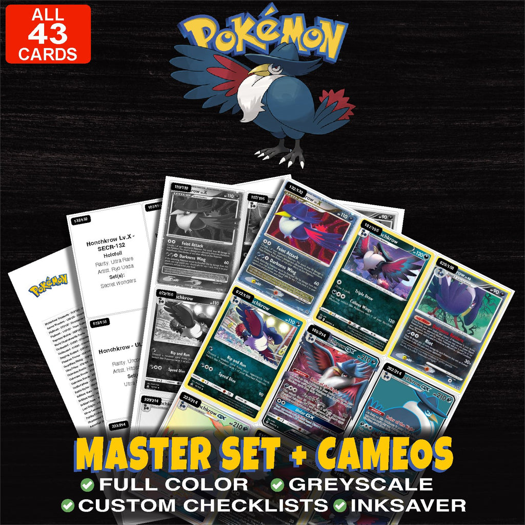 Every Honchkrow Pokemon card ever made - master set binder placeholders with Honchkrow Lv.X