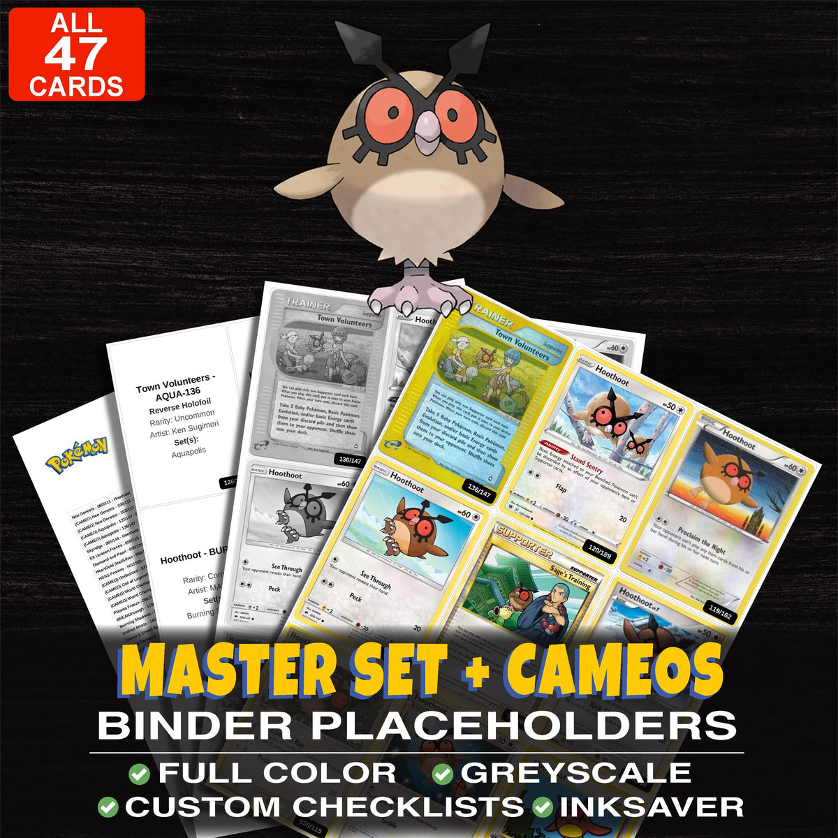 Every Hoothoot Pokemon card ever made - master set binder placeholders with Hoothoot