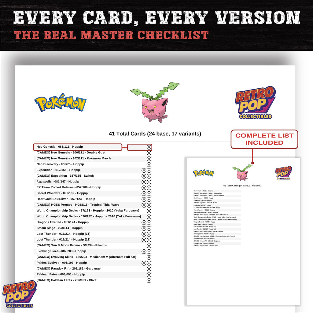 Hoppip master set checklist PDF preview - every card listed