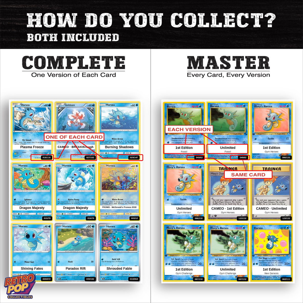 Complete Set vs Master Set versions of the Horsea binder placeholders