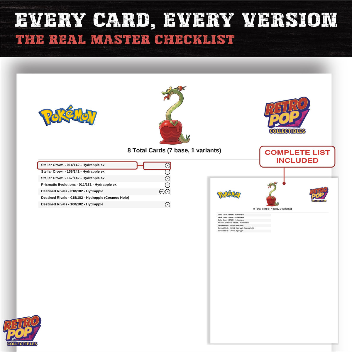 Hydrapple master set checklist PDF preview - every card listed