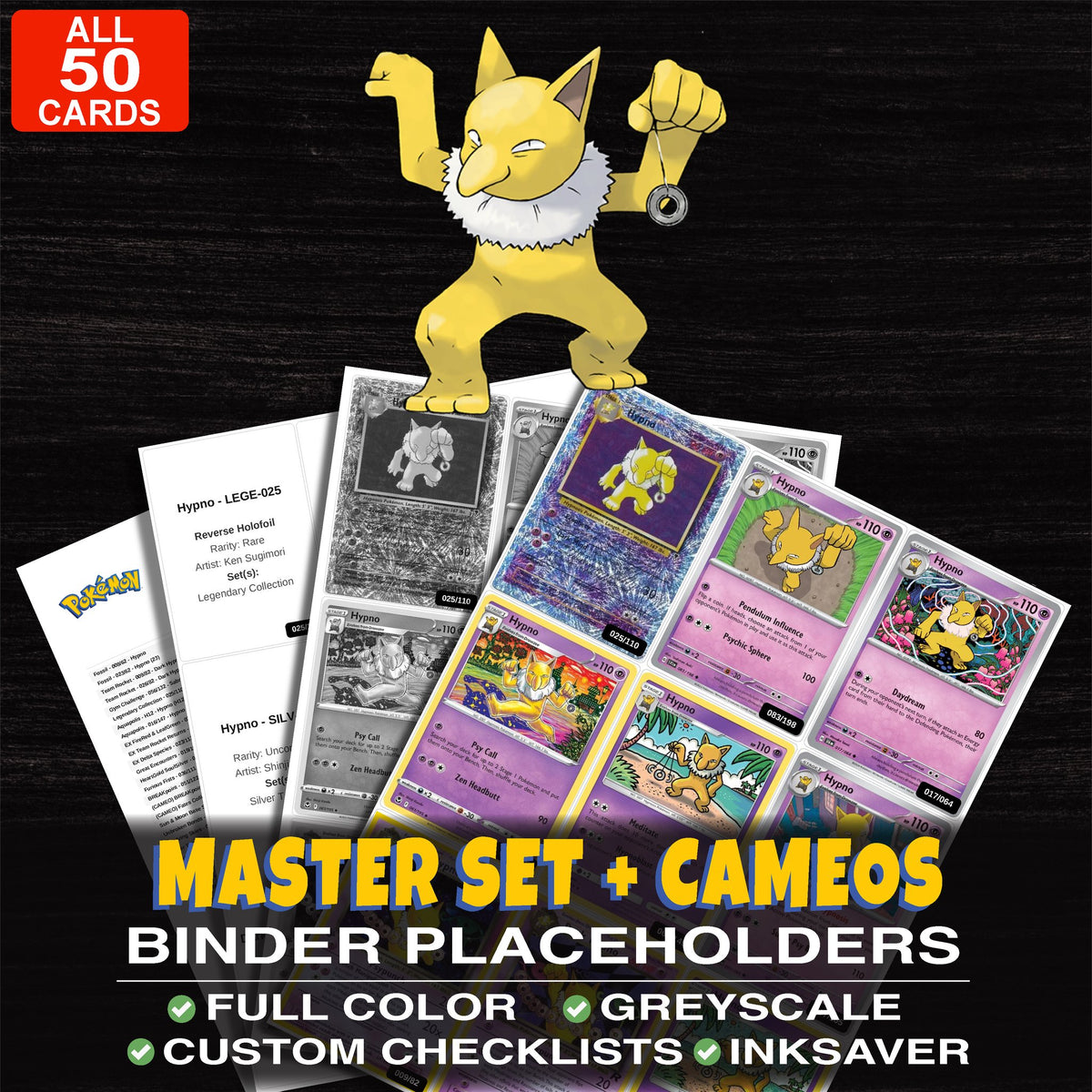 Every Hypno Pokemon card ever made - master set binder placeholders with Hypno (H12)